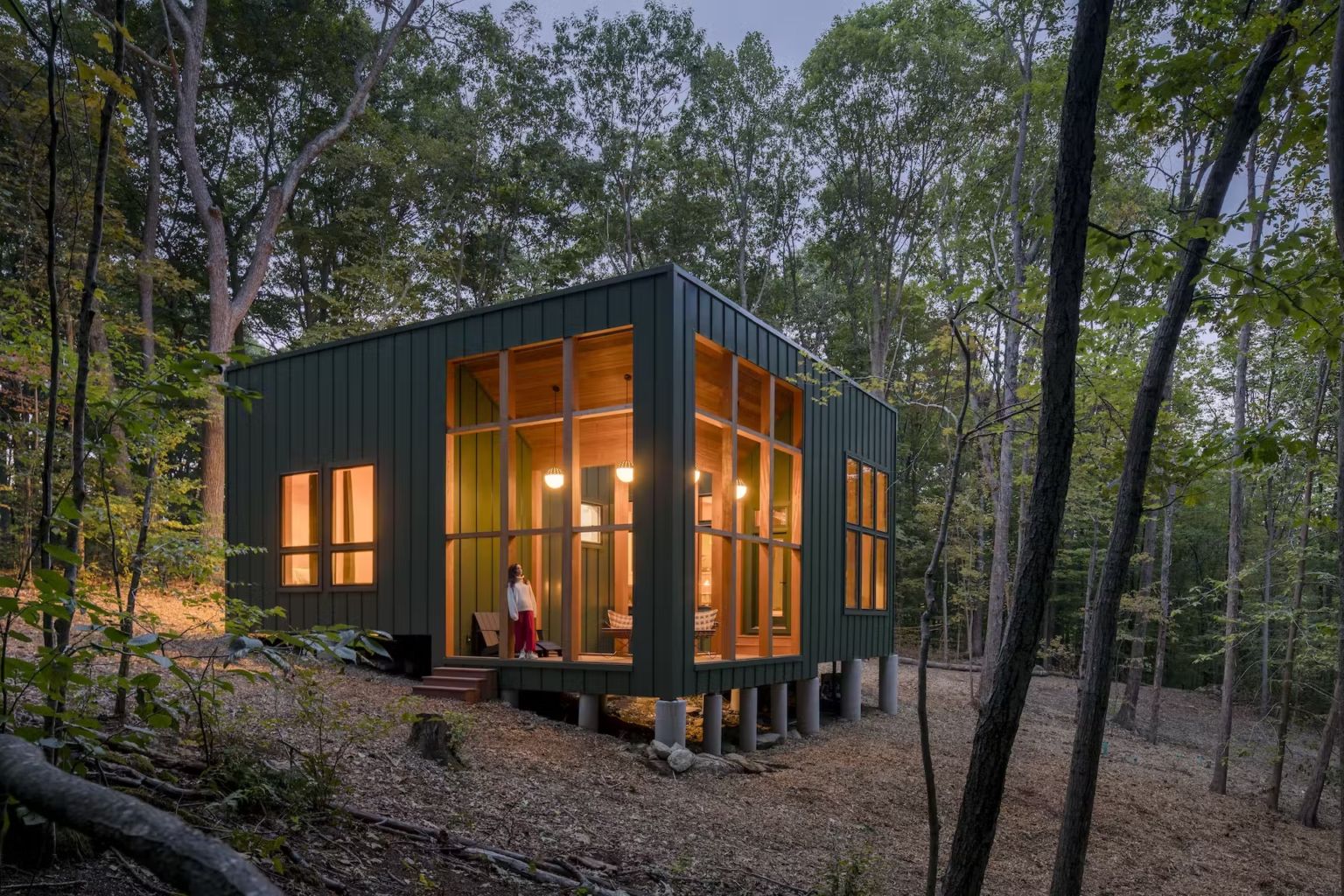A Metal-Clad Cabin Hovers Above the Forest Floor in Connecticut